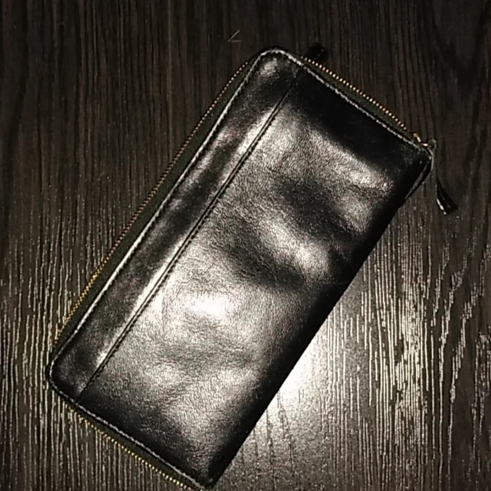 Black Leather Zip-Around Wallet by Black